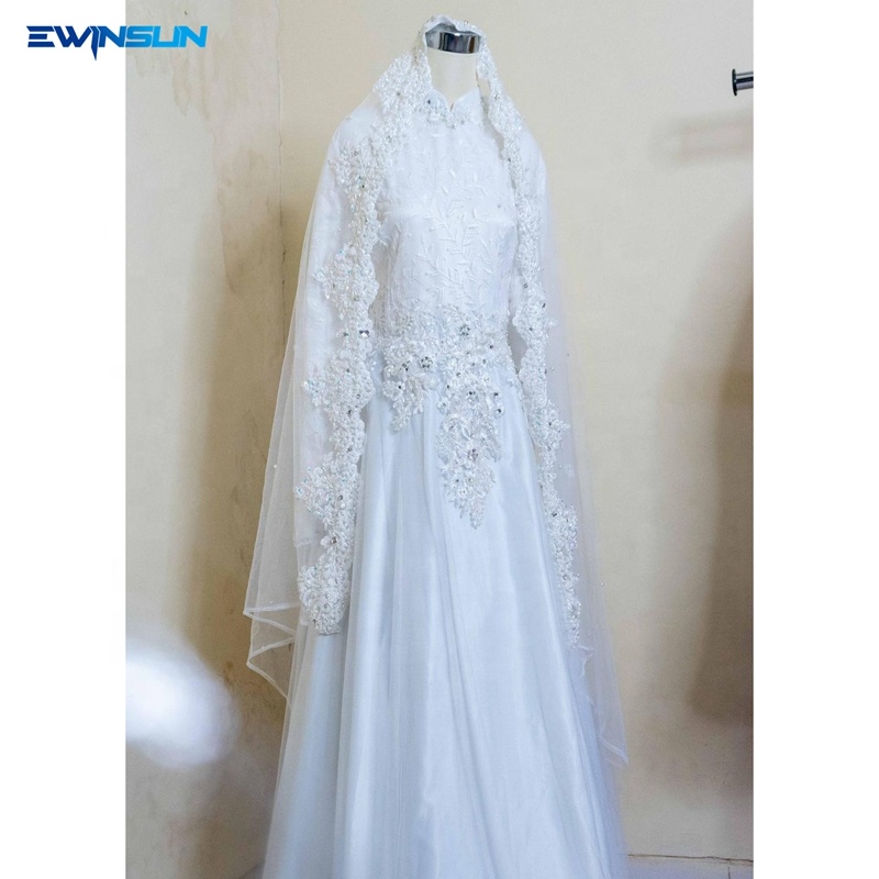 Hot sale Pearl luxury long sleeves muslim Wedding Gowns with Veil shiny crystal beaded arab wedding 