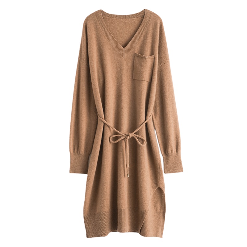 New round neck midlength Dress Solid color knitted cashmere sweater dress
