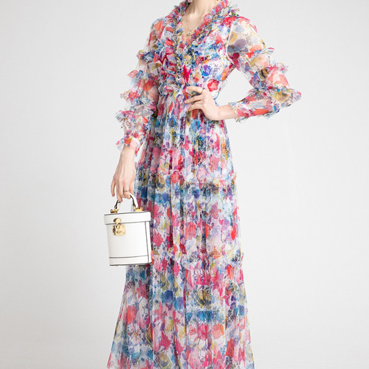 France Luxury Casual Female Long Sleeves Hand Beaded V Neck Ruffles Mesh Ball Gowns Occident Floral 