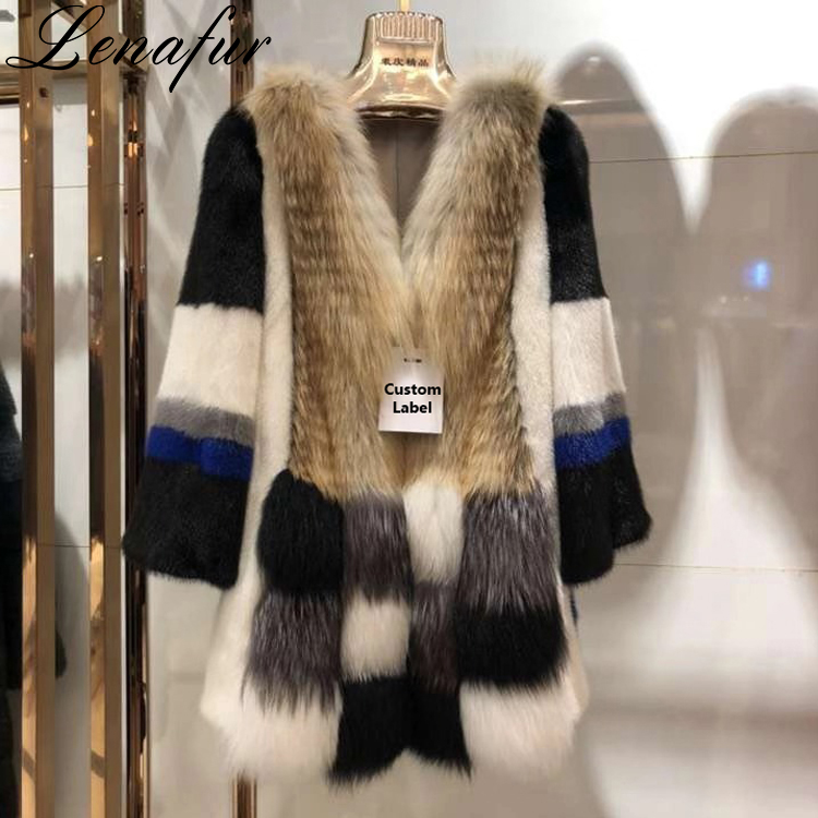 Factory Price Women Winter Colorful Patchwork Splice Design 3/4 Sleeve Luxury Real Mink Fur Jacket N