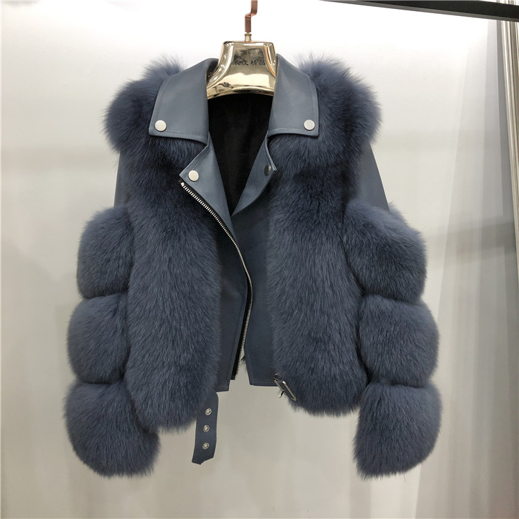 Sf0585 Winter leather jacket with real fox fur women's fur short coat women