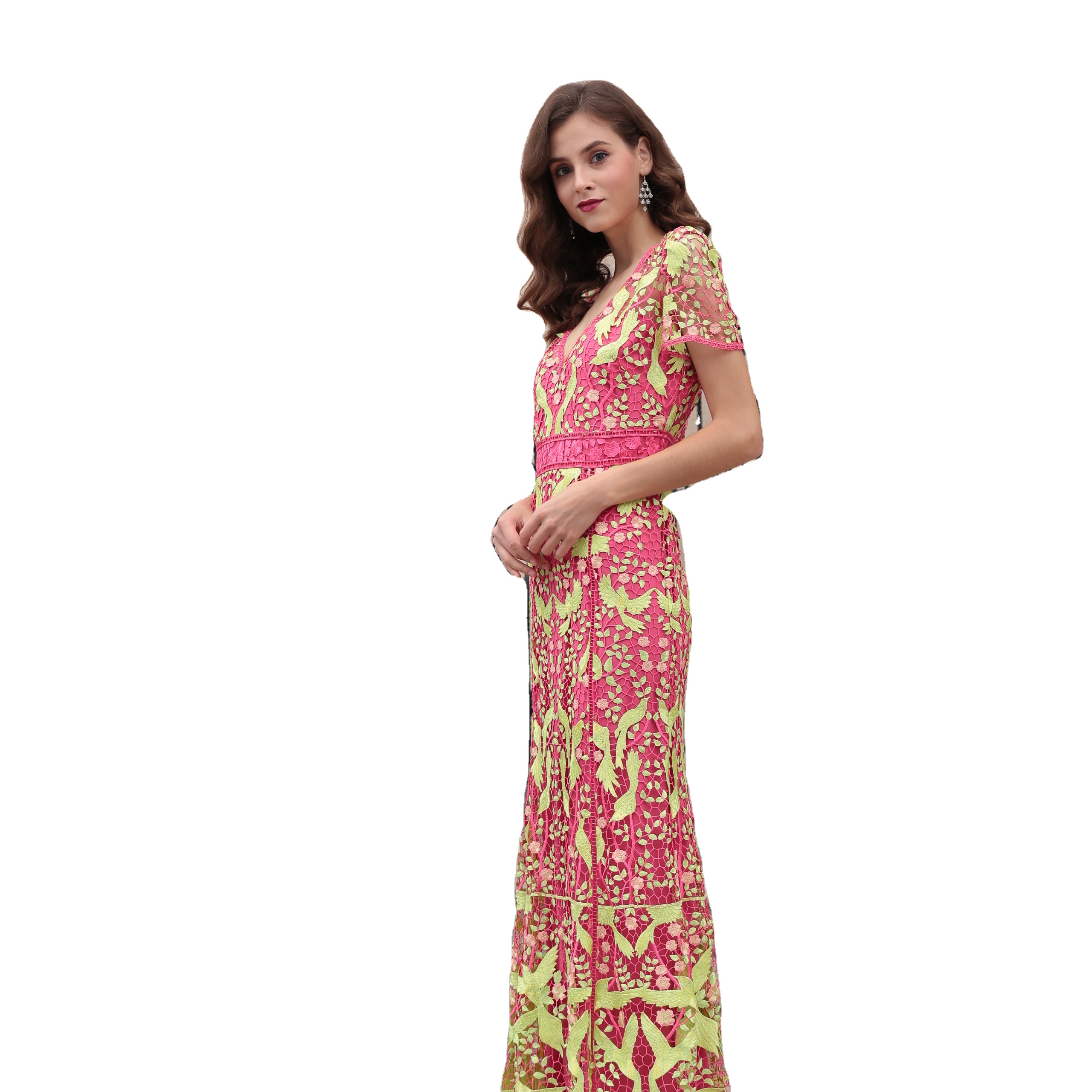 Guangzhou manufacturers direct embroidery evening dress V neck dress formal dress