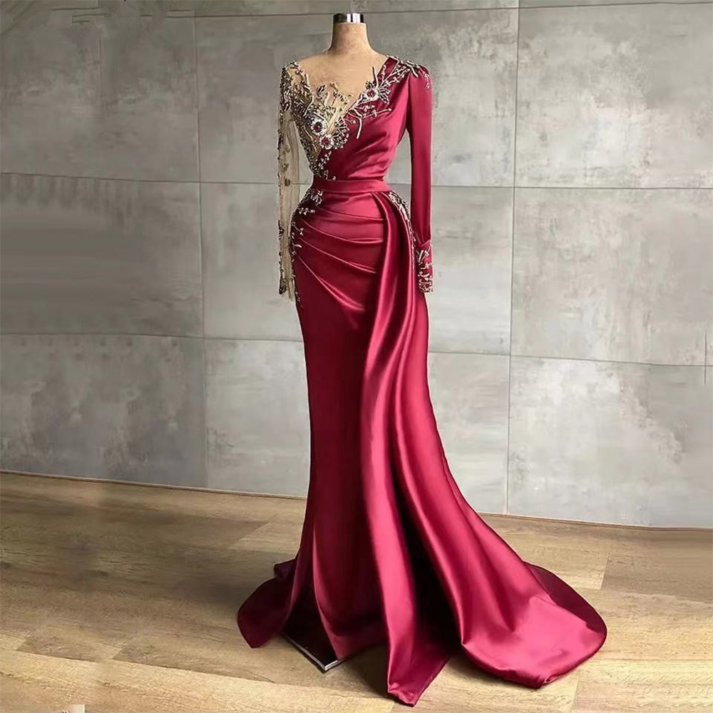 Luxury Burgundy Elegant Crystal Mermaid Formal Party Gowns Satin O Neck Long Sleeves Handmade Beaded