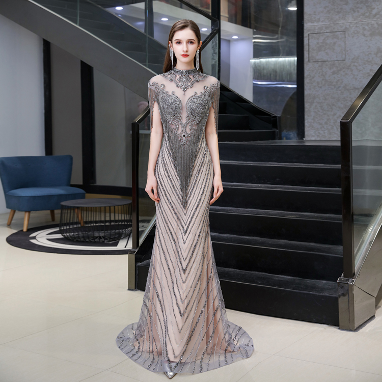 Luxury Crystal Beaded Jewel Collar Evening Dress Tassel Sleeves Sheath Gowns for Women Evening Dress