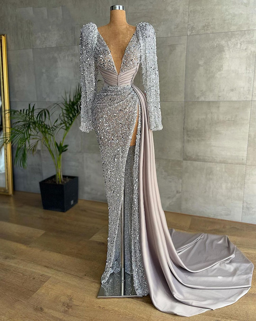 Sparkly Silver Mermaid Prom Dresses 2022 V Neck Long Sleeve High Slit Luxury African Women Formal Ev