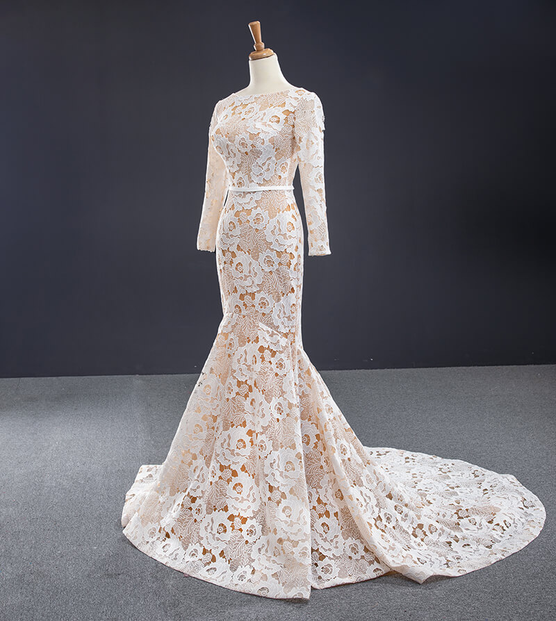 Women Sexy Dresses Flowers Tulle Lace Evening Mermaid Gown Long Sleeve Muslim Evening Dress