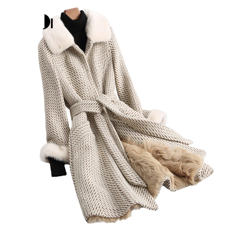 A68247 Women Herringbone wool belt coat mink fur collar lamb fur lining jacket overcoat winter warm 
