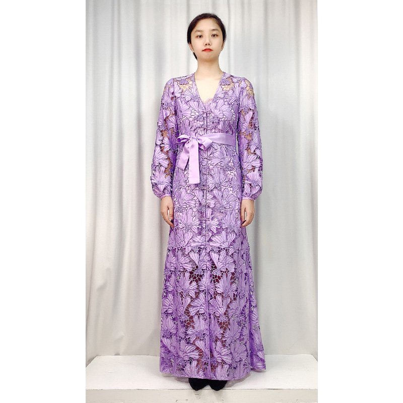 NC165-3 Women Cut out embroidery long sleeves waist-tie maxi robe casual dresses