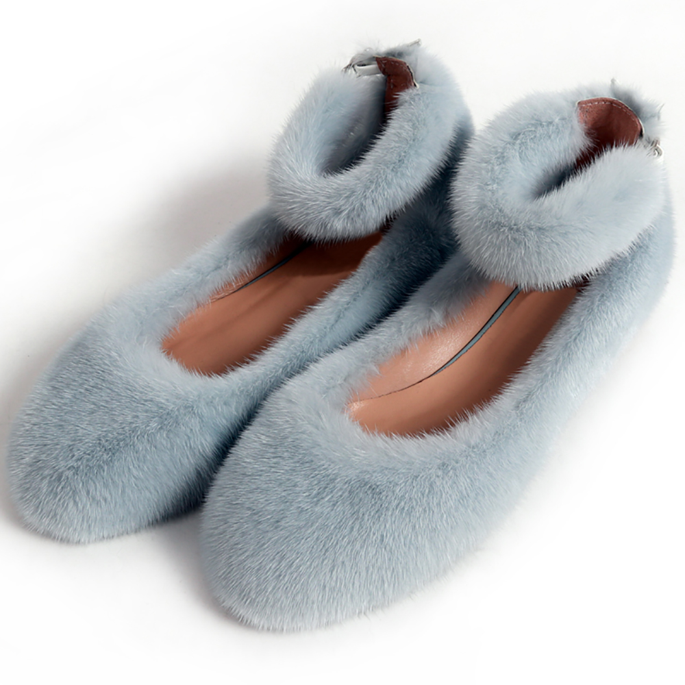 high quality women's flats real mink fur flats shoes lady fur flat shoes