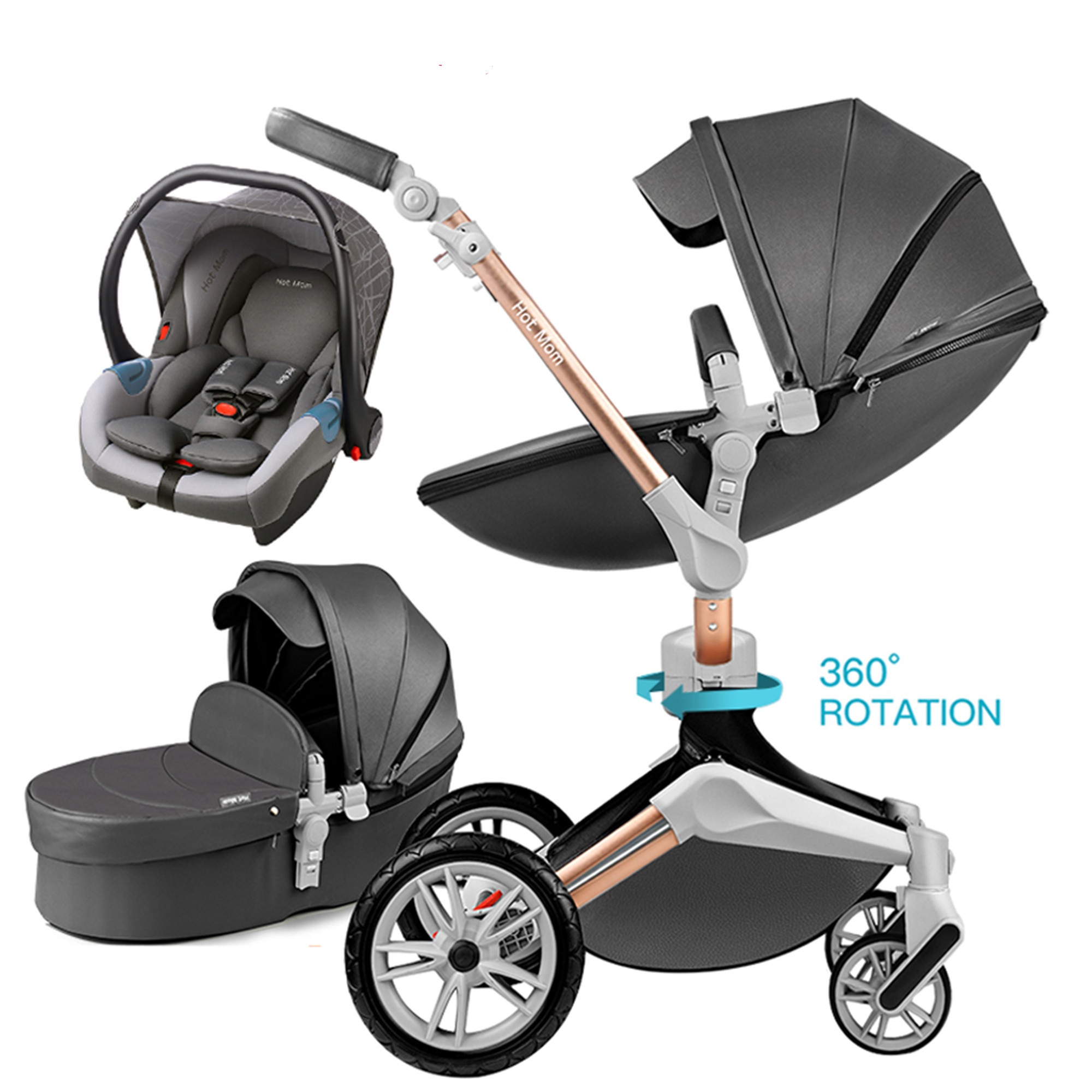 Hot Mom 360 Rotation Baby Stroller Wheelchair Accessories 3 In 1 Pram with Bassinet and Car Seat