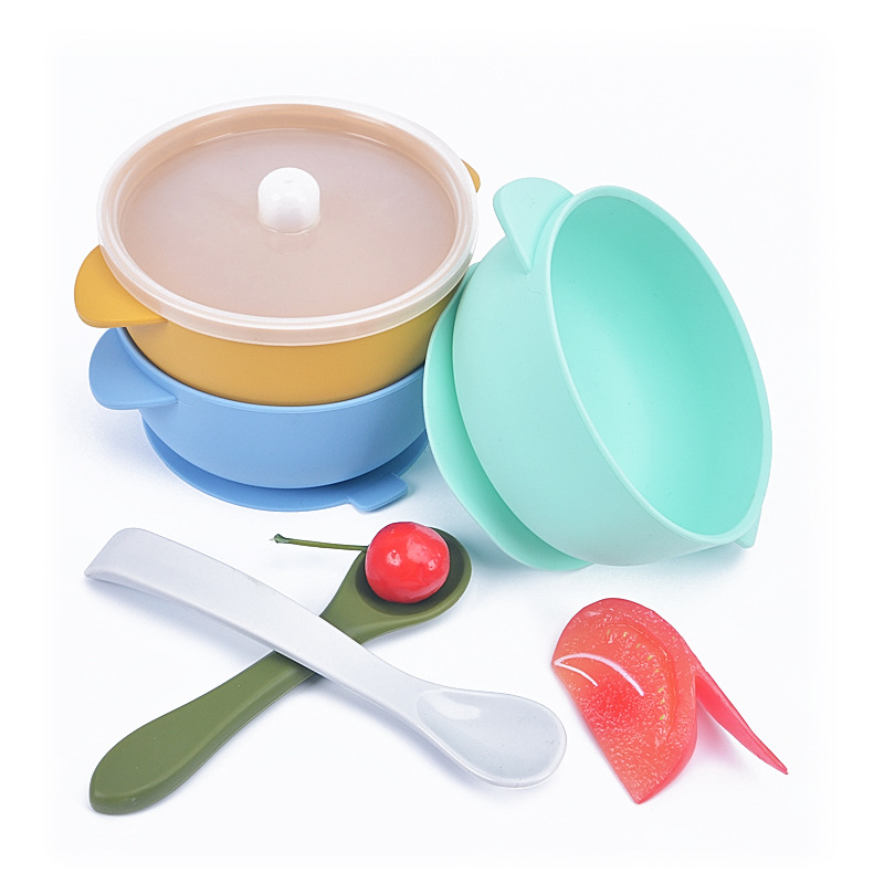 baby feeding dinnerware sets Children Silicone Tableware bowl with lid and Spoon baby bowl kids bowl