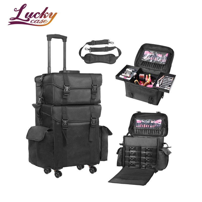 Rolling Makeup Bag Trolley 2 in 1 Travel Cosmetic Train Cases on Wheels Nylon Black Bags for Profess