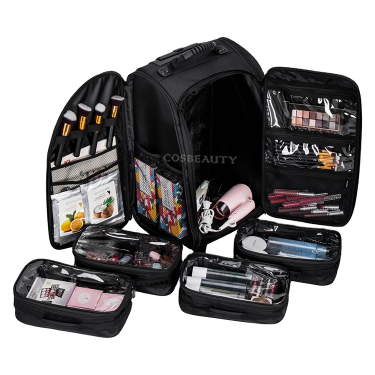 FAMA factory Durable Makeup Case Black Nylon Travel Beauty Cosmetic Bag 4Pcs Separate Clear PVC Bag