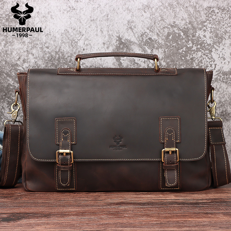 HUMERPAUL Dropship Wholesale Vintage Crazy Horse Leather Briefcase Men Satchel Genuine Leather Soft 