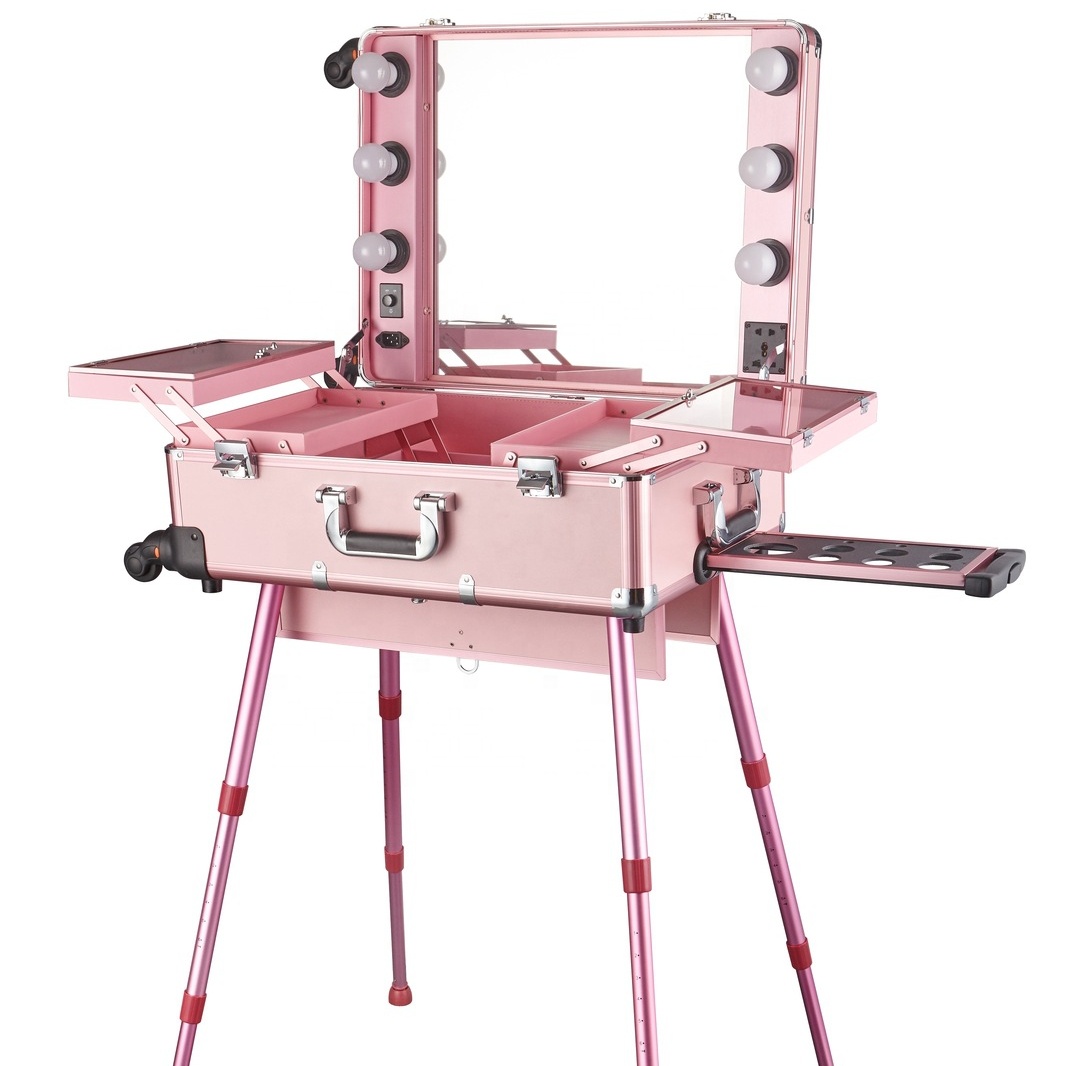 Professional factory detachable stand pink aluminum portable travel vanity cases LED dimming mirror 