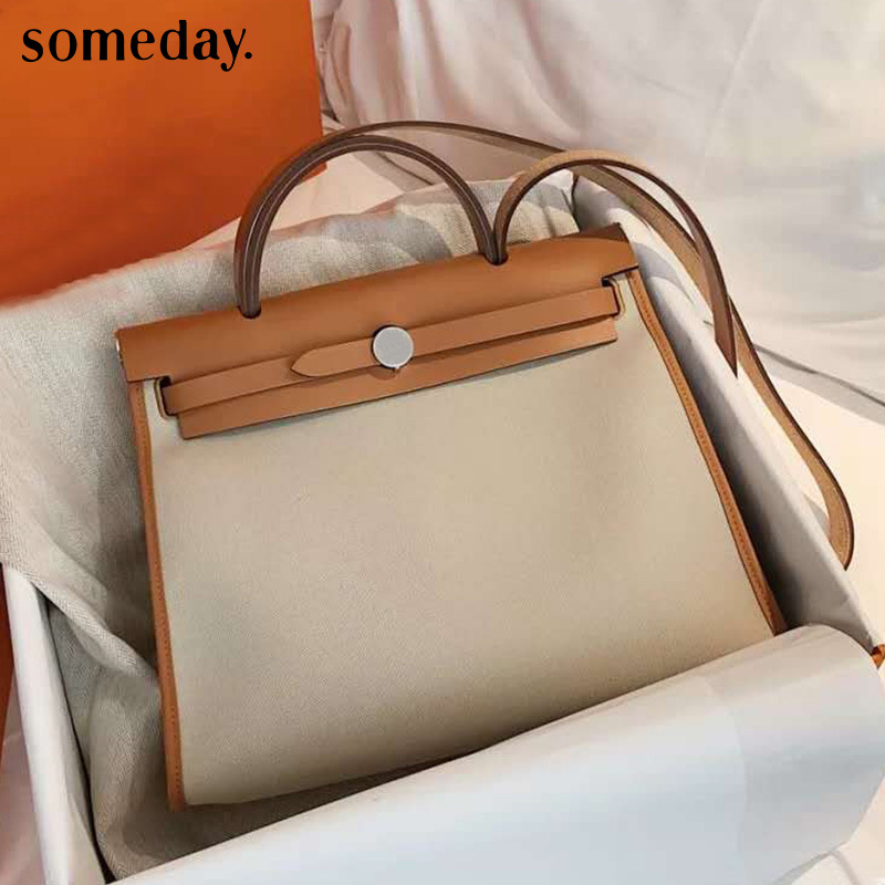 Fashion Handbag Canvas Bag Women's Portable Platinum Cowhide Shoulder  Ladies Big