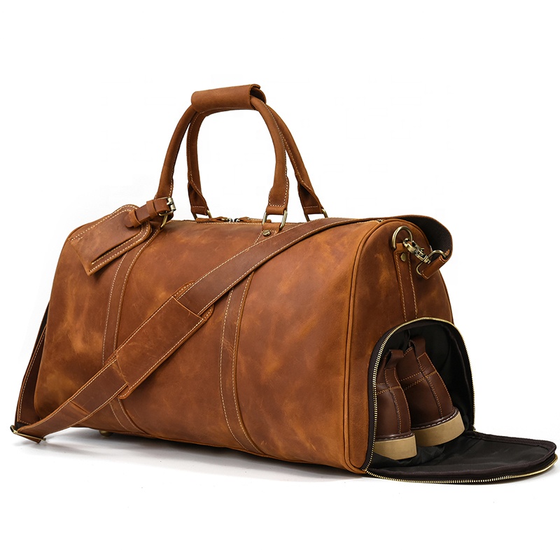 Men Leather Duffle Bag Large Crazy Horse Leather Travel Bag With Shoe Compartment