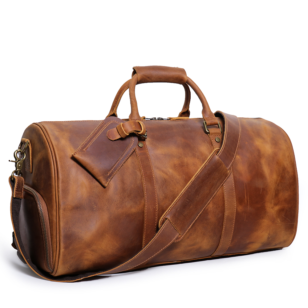 Vintage Brown Crazy Horse Leather Duffle Weekend Duffel Bag with Shoes Compartment Real Leather Trav