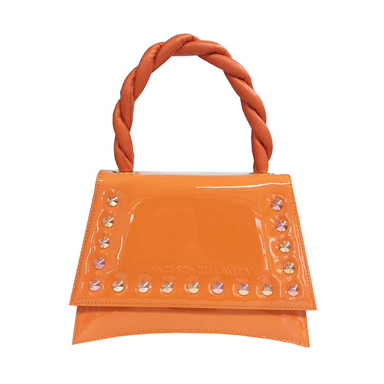 Italy 2022 Orange Cotton Lining Patent Leather Iridescent Studs Hand Bags Girls Mini Bags Women Hand