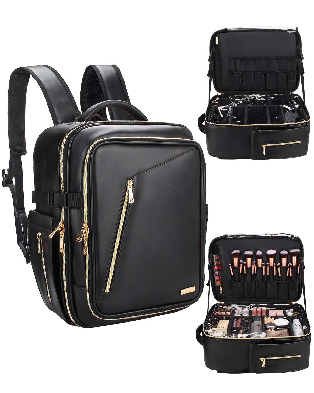 Relavel Professional Makeup Backpack Extra Large Leather Cosmetic bag Black Makeup Organizer for Cos