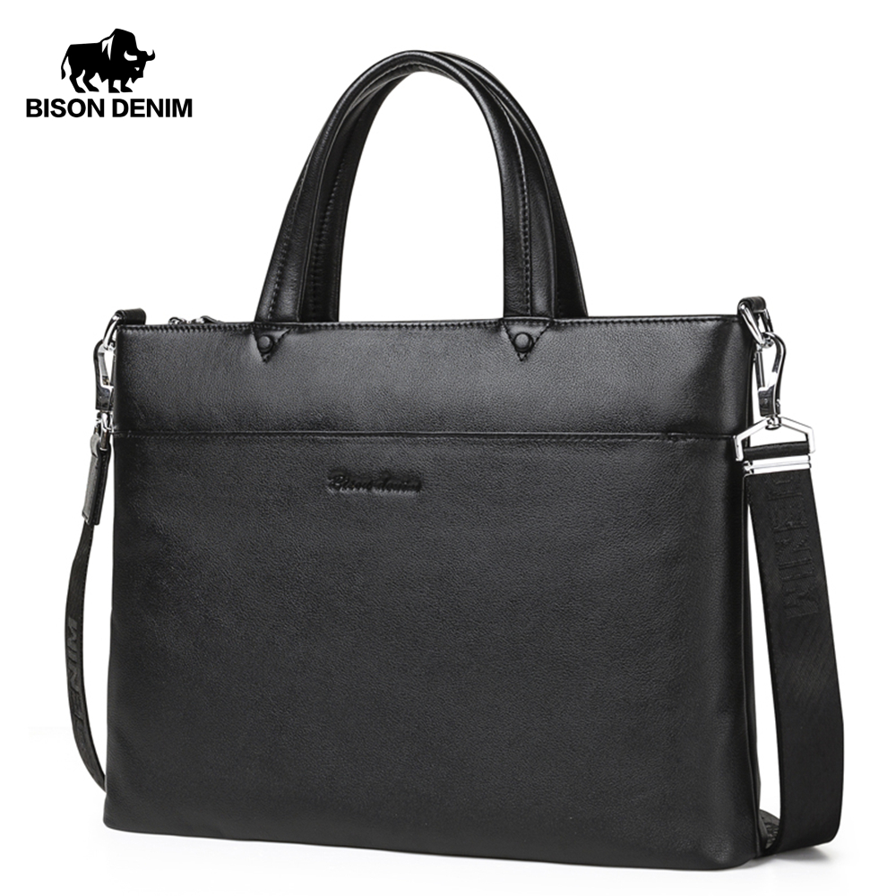 BISON DENIM Genuine Leather Men Briefcase Bags Bus