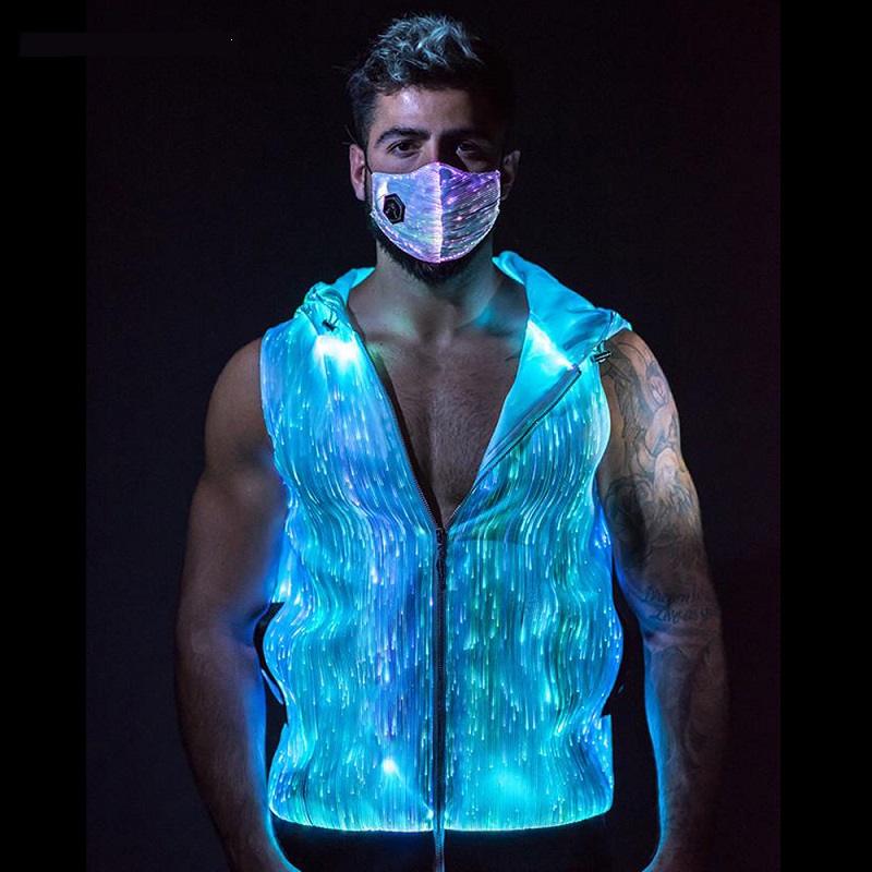 Fashion LED Glow Fiber Optic Clothing Rave Clothes Light Up Hoodie For Men