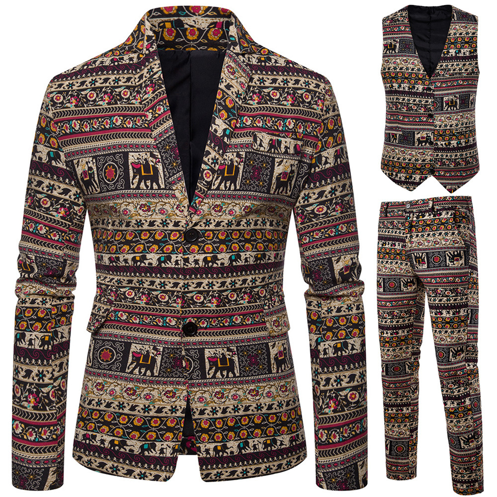 2022 New Men's National Style Suit Two-piece Printed Suit Dress Men's Suit