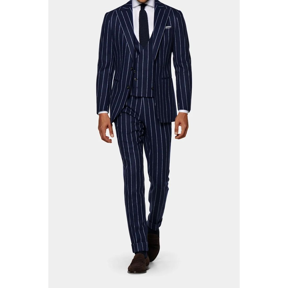 Awesome And Stylish Mid Blue Stripe Havana Suit Soft Wool Cashmere Blend Wedding Wear Men's Suit Coa
