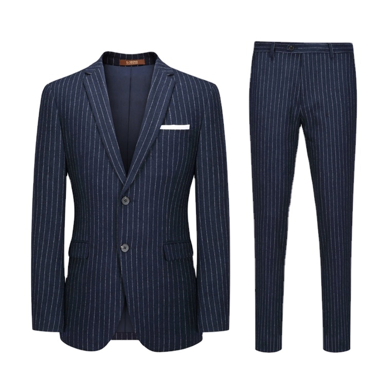 2022 Men Striped Single Breasted Casual Blazers 3 Piece Dark Blue Formal Business Suits