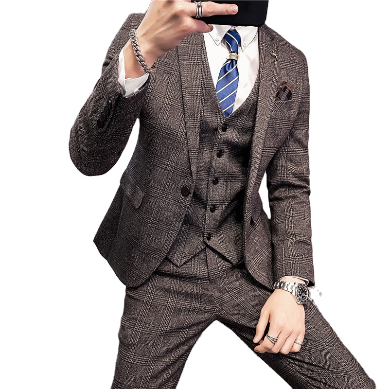 Fashion Mens Plaid Casual Business Suit High-end Social Formal Suit 3 Pcs Set Groom Wedding ( Jacket