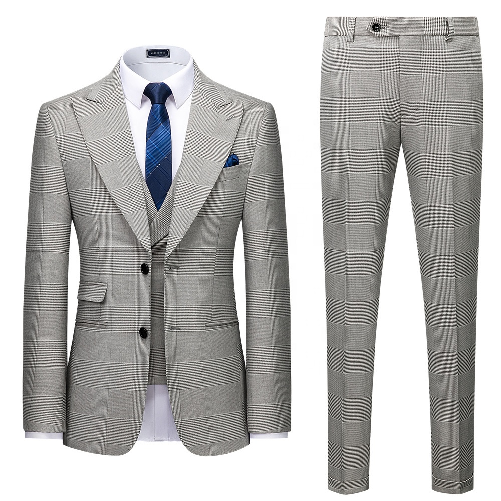 Men Plaid Single Breasted Business 3 Piece Light G