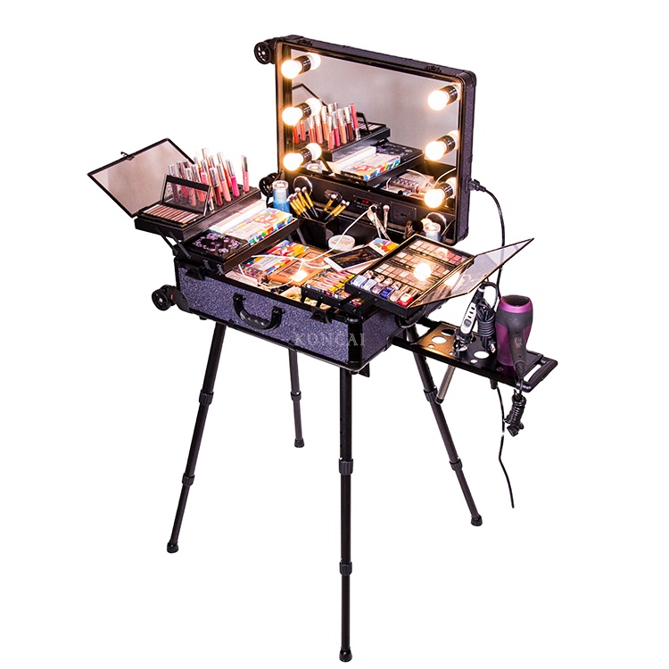 high quality makeup travel rolling carry case cosmetic beauty trolley suitcase with lights makeup ta