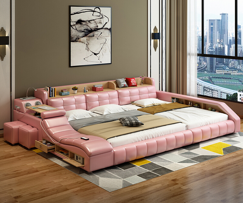 electric massage modern smart solid wood leather bedroom furniture sets luxury king size beds frame 