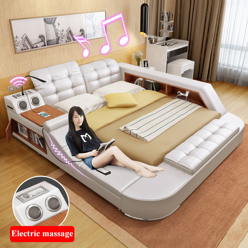 Luxury King Size Massage Bed Leather With Audio Multifunctional Smart Bed Room Furniture