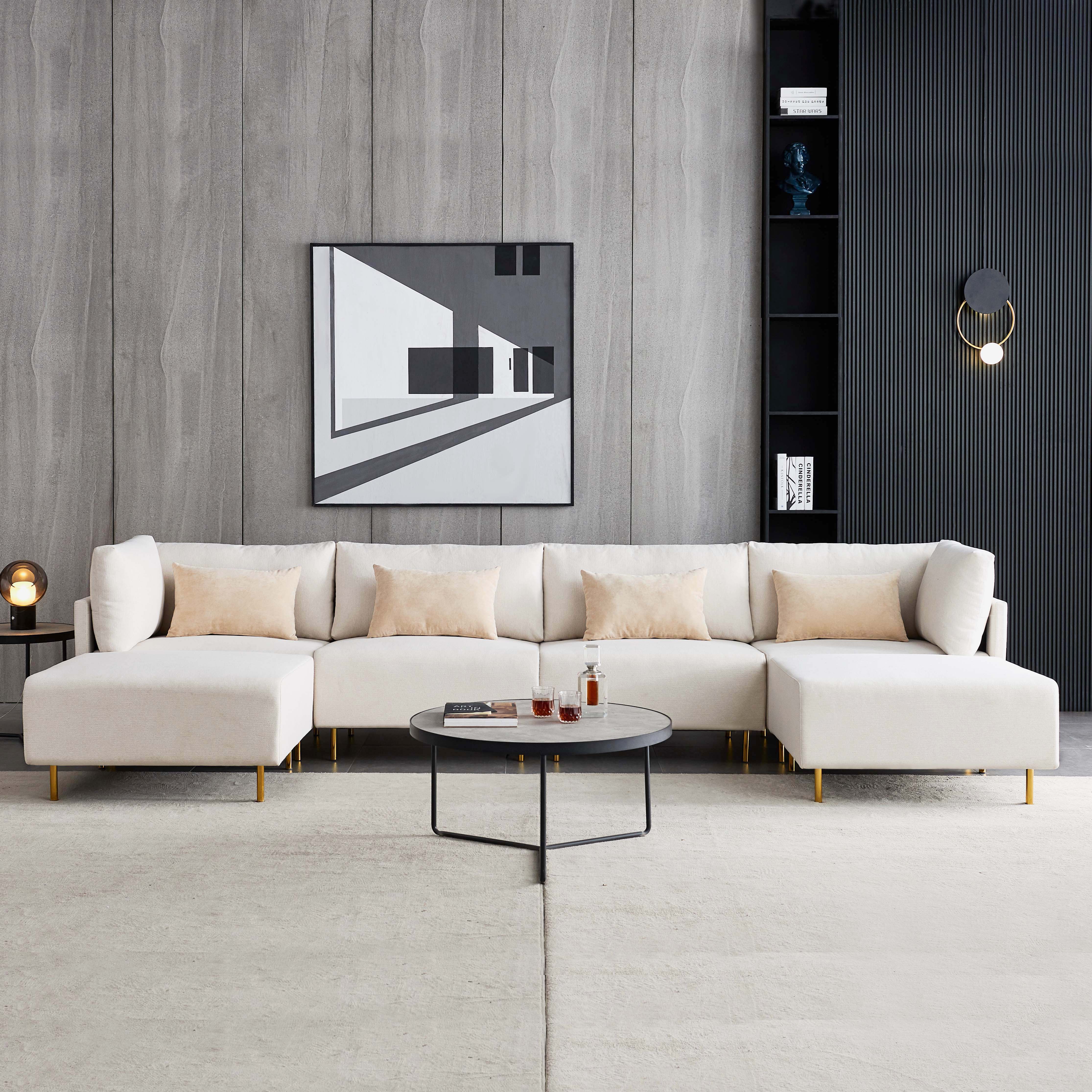 Hot Sale Modern Linen U Shape Modular Sofa with Ottoman Living Room Furniture