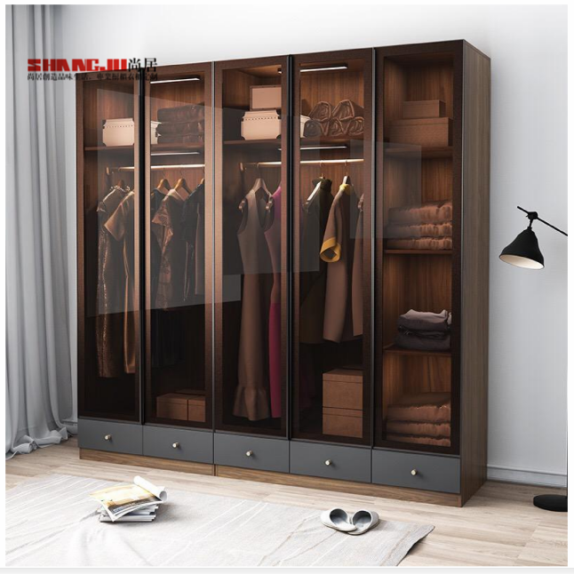 Customized luxury glass door wooden Wardrobe Bedroom Furniture storage Home Furniture walk in closet