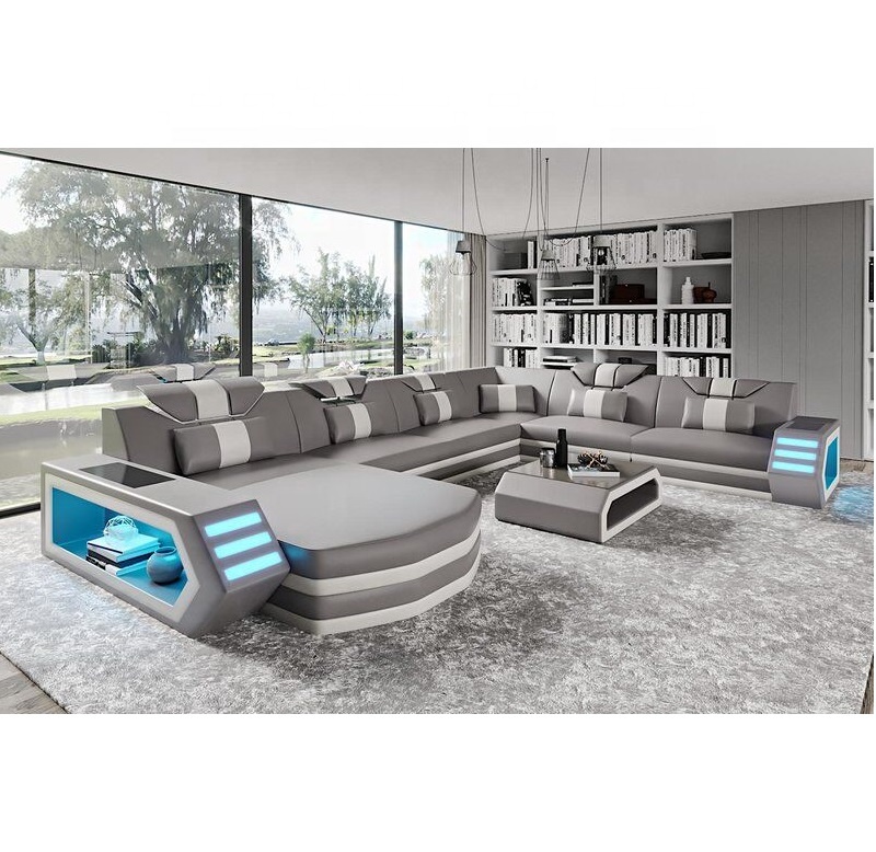 2021 CBMMART top quality living room furniture LED lamps top quality real leather couch living room 