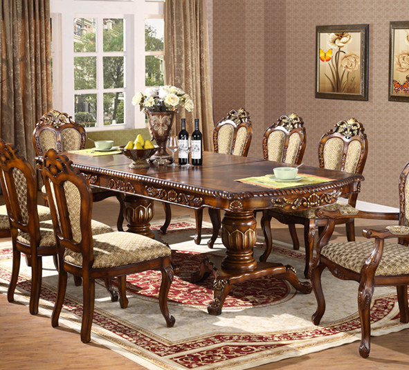 European Antique 8 And 10 Seat Wooden Rotating Rectangle Dining Room Table And Chair Set golden tabl