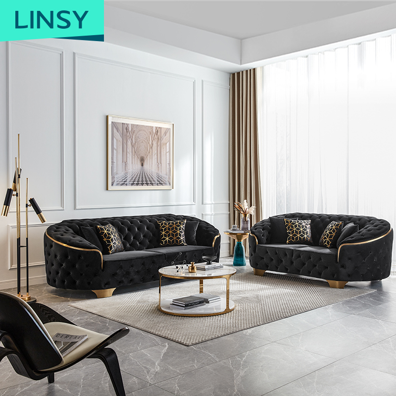 Linsy Nice Black 2Seat Velvet 3 4 Seat Fabric Sofa Home Soft Luxury Couch Chesterfield Sofa Living R