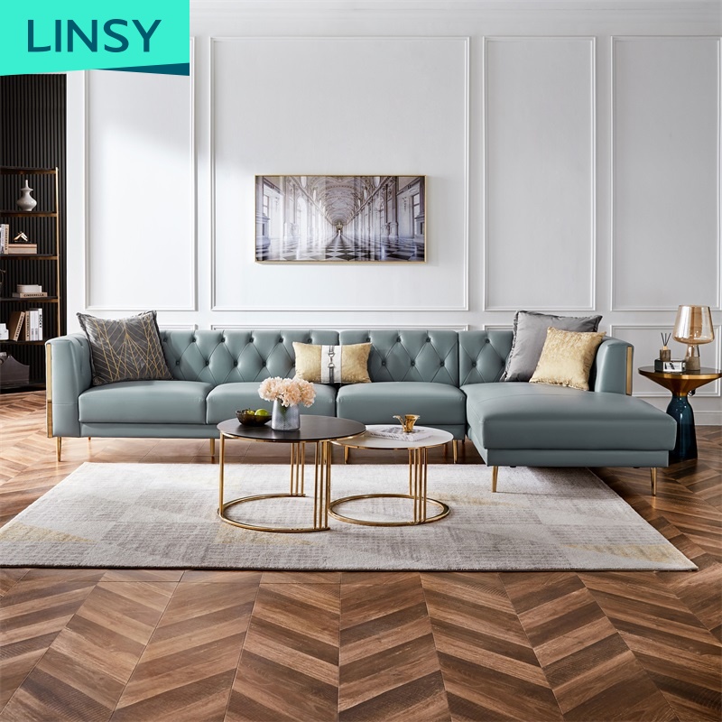 Linsy Home Furniture House Luxury Sala Beige 7 Seater Sectional Chesterfield Genuine Leather Sofa Se