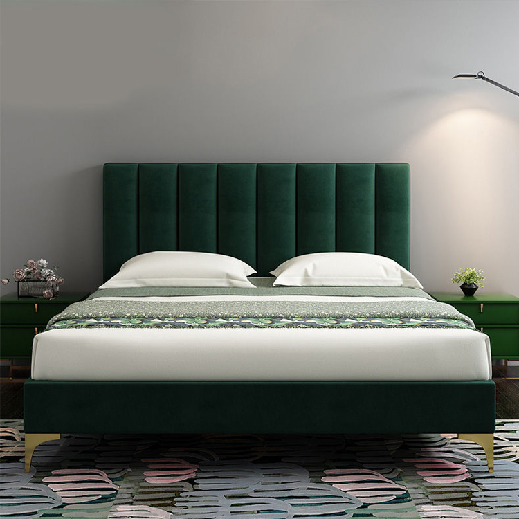OEM Factory green and gold bed velvet fabric modern queen size bed frame for bedroom furniture solid