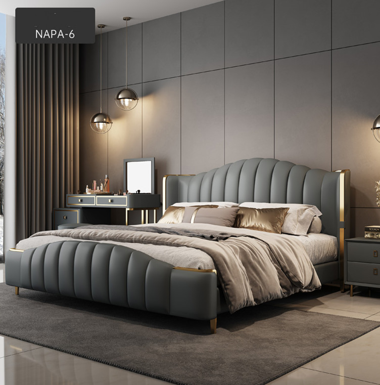 HYC-M1191-2 Genuine Leather brown shell headboard  modern hotel king size bed bedroom furniture