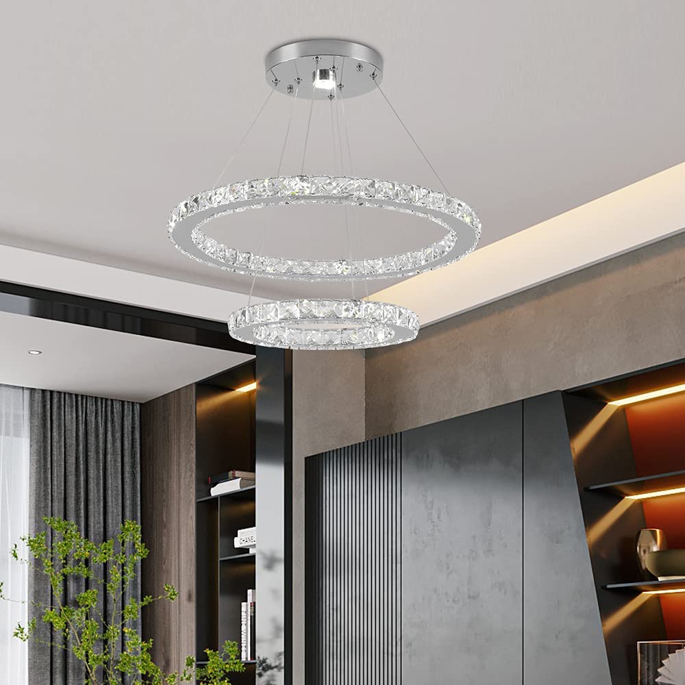 Modern Led Crystal Metal Ceiling Lamp Pendant Lamp Contemporary 2 Rings Adjustable Stainless Steel C