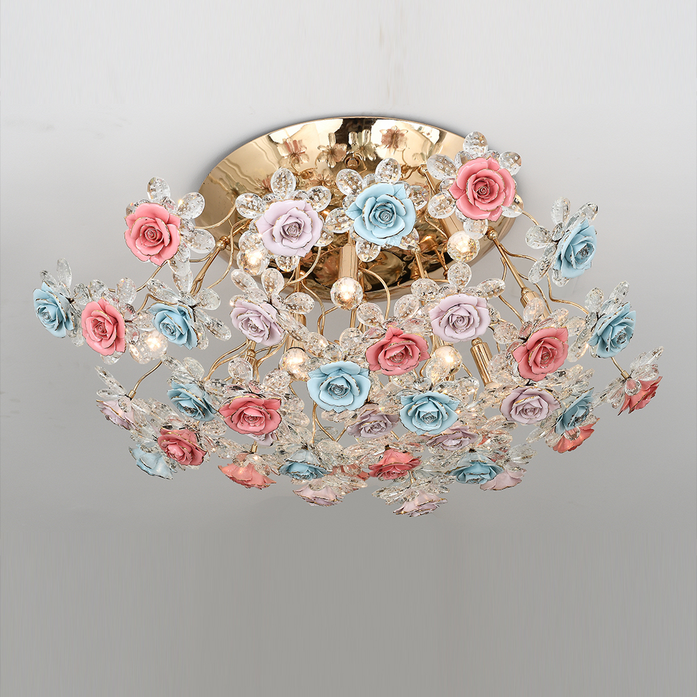 Ceramic Flower Bouquet 3 Heads Small Wrought Iron Pendant Lamps Lighting Chandelier for Bedroom Dini