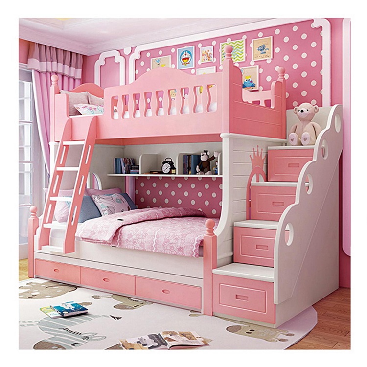wooden Bunk bed cheap double colorful modern Children bedroom furniture pink Factory directly wooden
