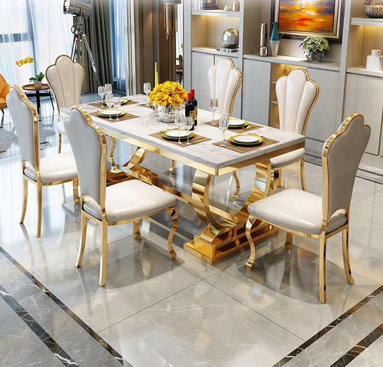 Luxury home furniture dining table modern dining table 6-8 seats marble top gold stainless steel din
