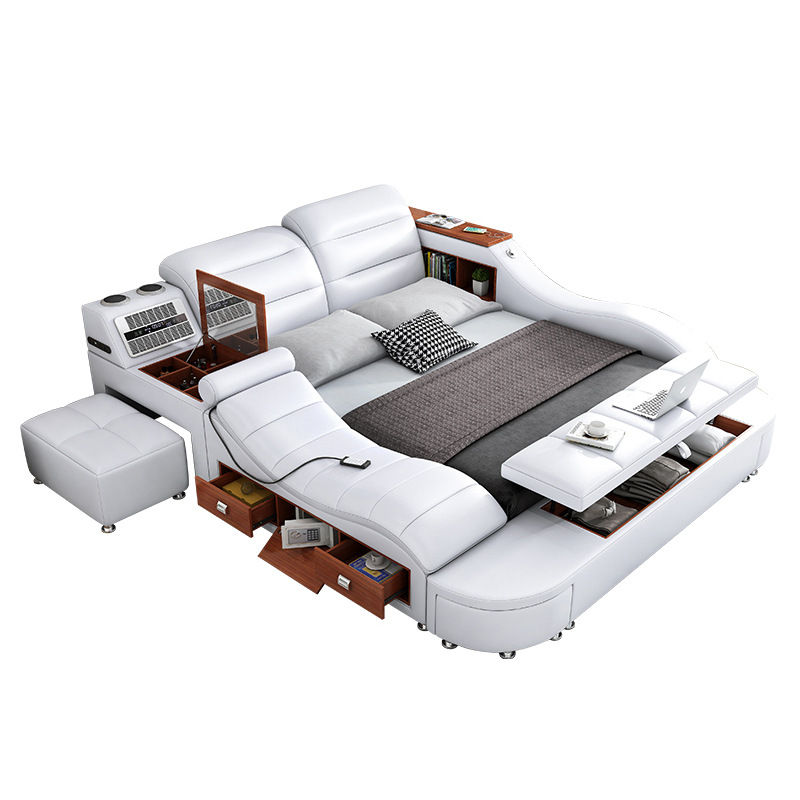 Luxury Bedroom Multi Function Leather King Size Bed Modern Storage Smart Message Tatami Double Bed L