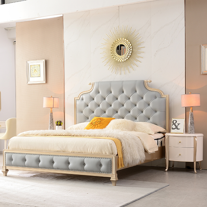 Modern Simple bedroom furniture set wooden grey leather bed luxury home furniture