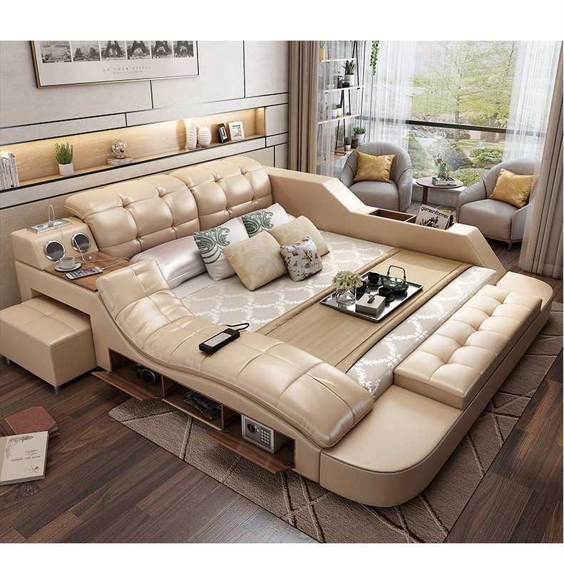 Modern leather Fabric Bed with Storage Box functio