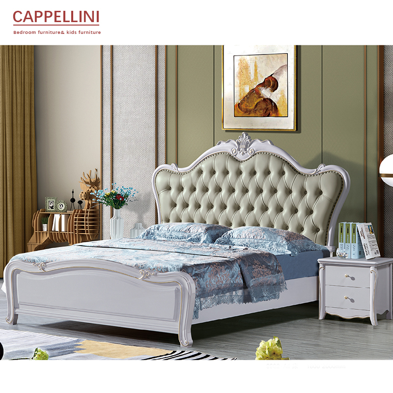 Luxury Antique European Style Solid Wood King Size Bed with 2 Side Table Bedroom Furniture